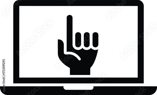 Laptop screen displays a black hand icon pointing upwards