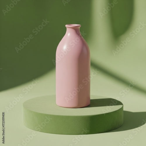 Wallpaper Mural Minimalist pink vase on a green pedestal with soft shadows, creating a serene and modern aesthetic. Torontodigital.ca