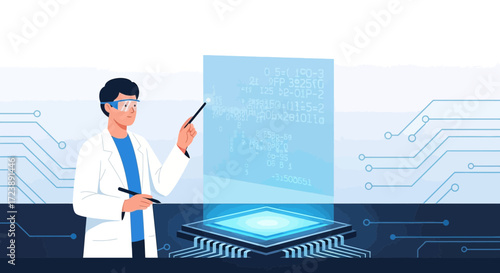 Scientist Analyzing Data on a Futuristic Interface Related to Computer Chip Technology