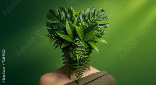 Person with a heartshaped head made of lush green leaves, symbolizing nature and environmental consciousness