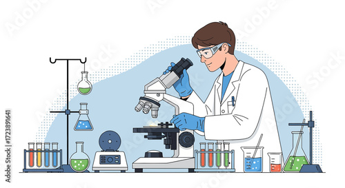 Scientist examining sample under microscope in a laboratory setting, conducting research and