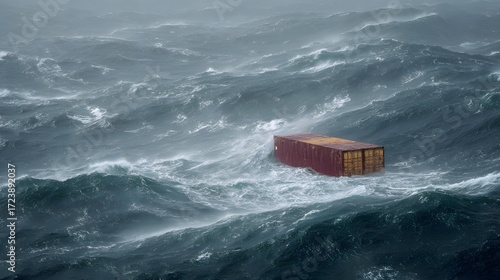 Shipping Cargo Container Adrift in a Stormy Ocean, A Dramatic Manifestation of Cargo Insurance Concepts