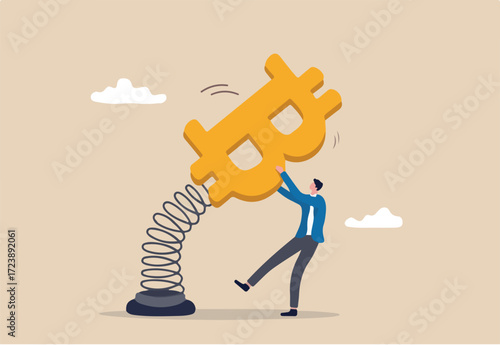 Bitcoin and cryptocurrency volatility, investment and speculation risk, price fluctuation and uncertainty, crypto value swing up and down, businessman trader holding swing unstable Bitcoin symbol.