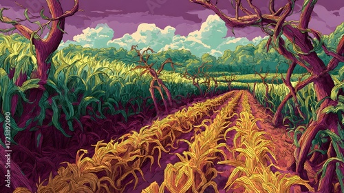 Evolving Agricultural Fields into a Mingle of NatureÆs Overgrown Splendor Captured in Precise and Vibrant Vector Art