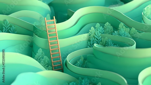 A surreal 3D cartoon scene featuring a ladder navigating through vibrant green maze walls rendered in a whimsical pastel vector illustration style.