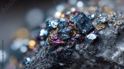 Detailed Macro Photograph of Raw Lithium Ore Crystals on Dark Granite with Vivid Metallic Highlights Emphasizing Strategic Mineral Importance