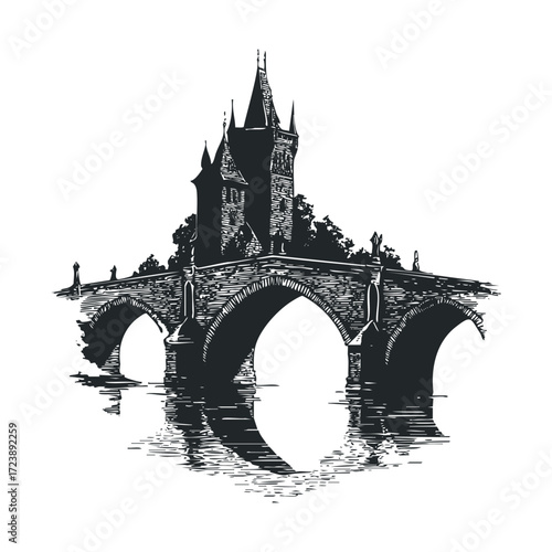 Intricate sketch of a historic stone bridge with a gothic tower