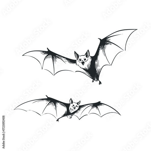 Sketch of two small flying bats with their mouths open in flight