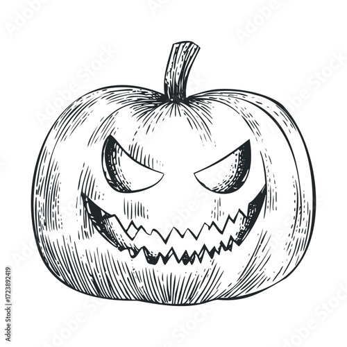 Engraved sketch of a carved spooky pumpkin face with a jagged mouth