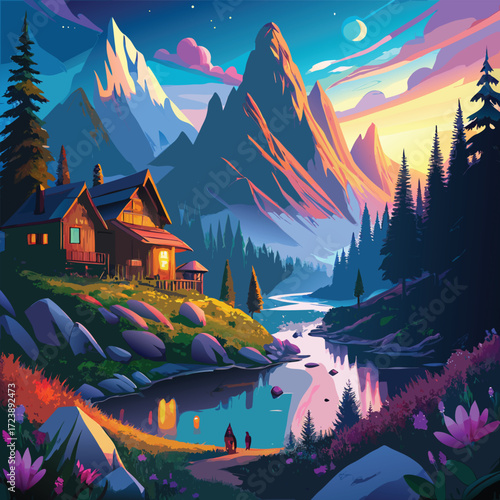 Serene alpine riverbank lined with stones and wildflowers, traditional rustic wooden chalets glowing warmly with light, tall pine trees rising in the background, and majestic snowy mountain peaks towe