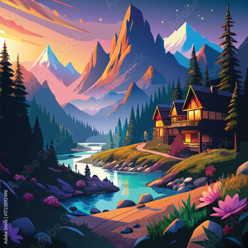 Tranquil evening countryside with cozy wooden chalets glowing warmly, a calm river reflecting colorful skies, pine-covered hills stretching into the horizon, blooming alpine meadows, and snow-covered 