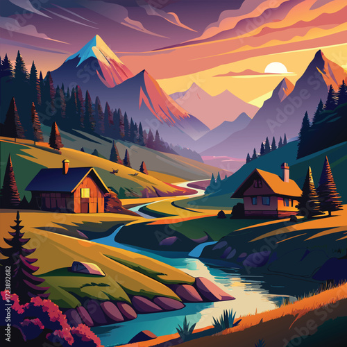 Crystal-clear turquoise alpine lake reflecting dramatic jagged snowy mountains, with evergreen pine forests along the shoreline, rustic wooden cabins nearby, and colorful blooming wildflowers adding b