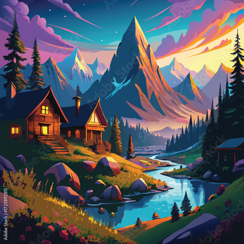 Scenic panoramic mountain landscape featuring tall snow-capped peaks, evergreen pine forests, a turquoise river winding through the valley, and rustic wooden countryside chalets glowing warmly at gold