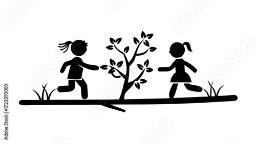 Silhouette of two children running around a small tree on a branch