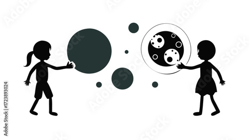 Two children silhouettes interacting with abstract circular shapes, one holding a sphere with internal elements