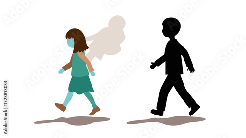 A girl with a ghostlike shadow walking next to a boy silhouette