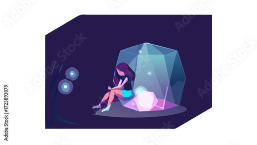 A young woman sits inside a glowing geometric crystal dome, illuminated by soft, ethereal light, with three glowing orbs floating nearby in a dark, abstract environment