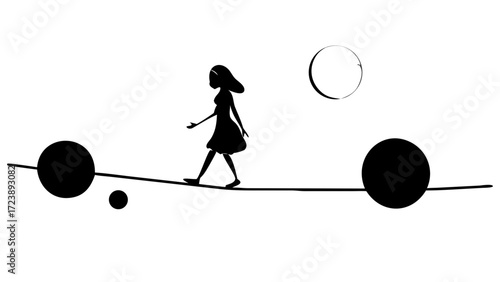 Silhouette of a woman walking on a tightrope with black circles and a white circle