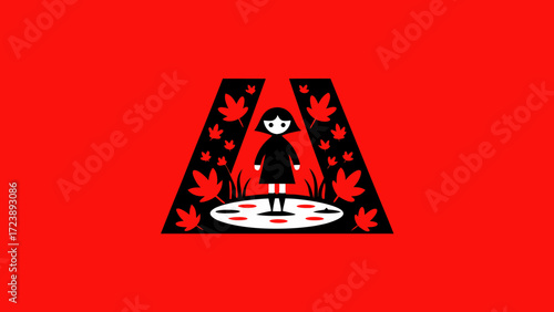 A stylized illustration of a young girl standing in a pond surrounded by autumn leaves within a triangular frame on a vibrant red background