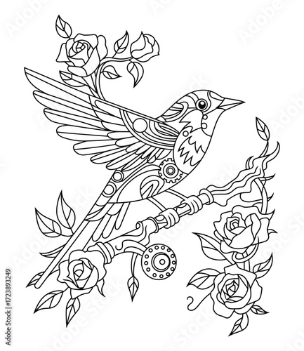 Detailed black and white vintage-style illustration of an ornate bird with gear accents perched on a flowering rose branch