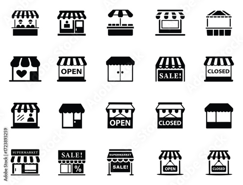 Collection of diverse storefront icons representing various businesses. shop icons set