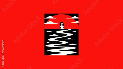 Minimalist illustration of a lone woman standing by a winding river under a large red sun, set against a vibrant red background, evoking a sense of solitude and contemplation