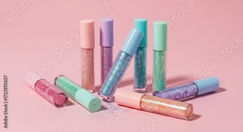 Wallpaper Mural Vibrant glitter makeup tubes arranged artfully on a soft pink background, showcasing shimmering beauty. Torontodigital.ca