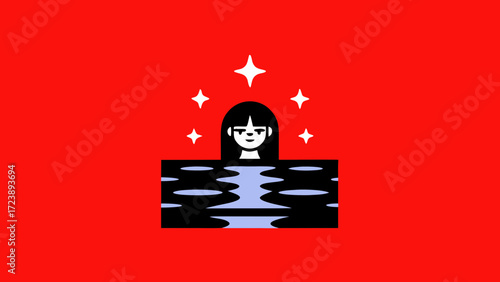 A minimalist illustration of a person with dark hair in a body of water, surrounded by sparkling stars against a vibrant red background
