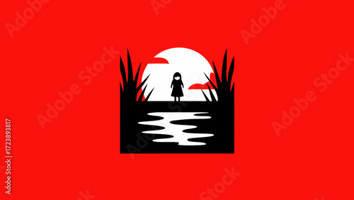 Silhouette of a lone child standing by a reflective body of water against a bright sun, framed by dark foliage, evoking a sense of mystery and solitude