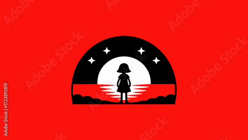 Silhouette of a child standing on a beach at sunset, looking out at the ocean with stars in the sky above the horizon, against a vibrant red background