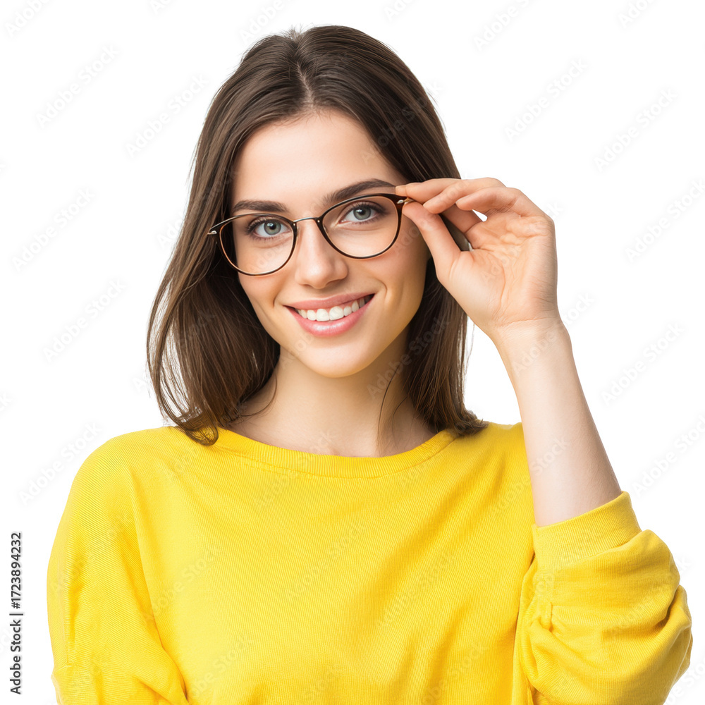 Obraz premium Central Asian woman with glasses in yellow shirt on transparent background