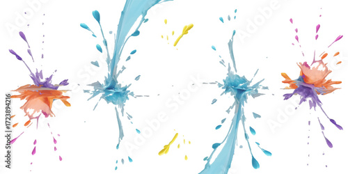 Colorful splashes of watercolor ink create an abstract floral pattern and vector illustration on a white background.  grunge, splatter, drop, confetti, water, celebration, green, christmas, party