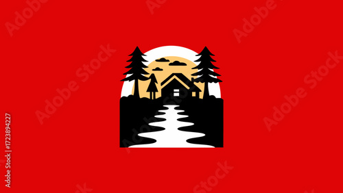 Silhouette of a cabin in the woods with a path leading to it and a person standing in front, set against a sunset