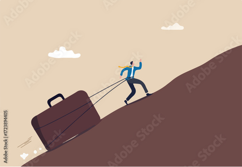 Persistence, effort and motivation to be success, challenge, overcome difficulty and achieve target, hard work, endurance and practice concept, strong businessman drag big business briefcase up hill.