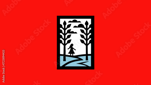 Stylized illustration of a solitary figure standing on a path between two stylized trees, set against a vibrant red background