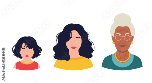 Three women of different ages and ethnicities representing the passage of time and diversity.