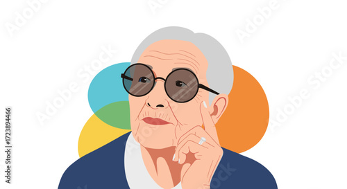 A thoughtful elderly person wearing large round glasses pauses in contemplation.