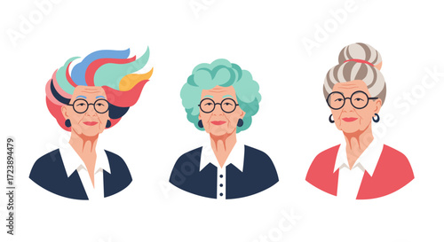Three stylized portraits of elegant elderly women with unique hairstyles and glasses showcasing diverse fashion sensibilities.