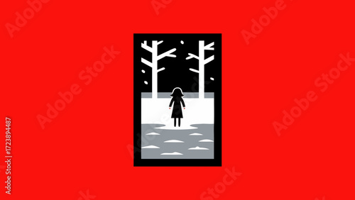 A solitary figure stands in a snowy forest under a dark sky with falling snow, rendered in a minimalist, graphic style with a bold red background