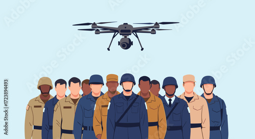 Military personnel and a surveillance drone flying above them in the sky.