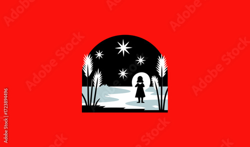A silhouette of a child stands under a starry night sky within an arched landscape, surrounded by tall grass and a moonlit scene, evoking wonder and dreams