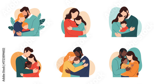 Diverse families sharing loving embraces with their children.