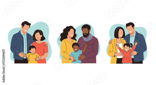 Diverse families enjoying happy moments together in a series of colorful illustrations.