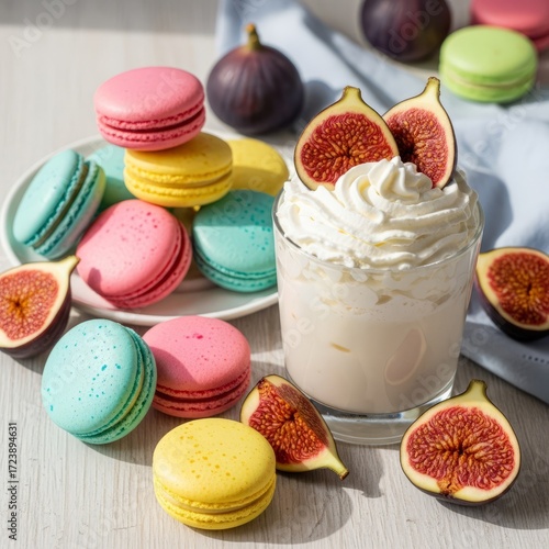 Wallpaper Mural Sweet and colorful macarons arranged with fresh figs and whipped cream delight Torontodigital.ca