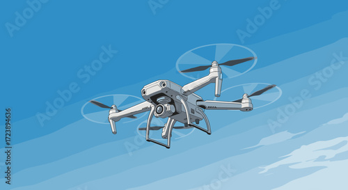 A white unmanned aerial vehicle with four propellers is captured in flight against a clear blue sky.