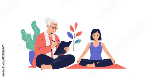 An experienced therapist guides a young woman through a restorative yoga session for improved mindfulness and well-being.