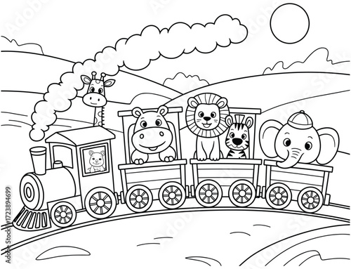 Cute cartoon animals riding a steam train coloring page. Black and white line art illustration for kids