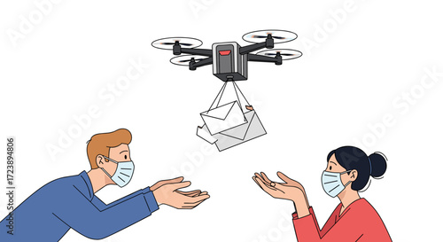 Drone delivery service brings packages to people wearing face masks safely.