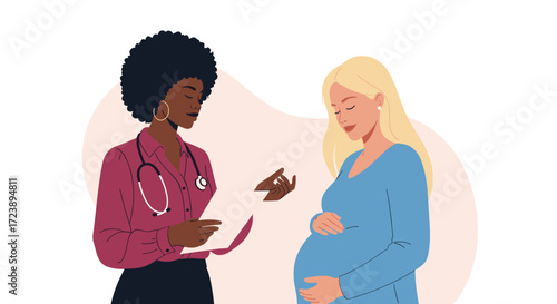 A doctor discusses medical information with a pregnant woman during an appointment.