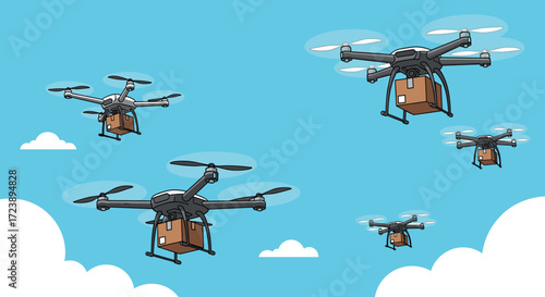 Several delivery drones fly through the sky carrying packages to their destinations.